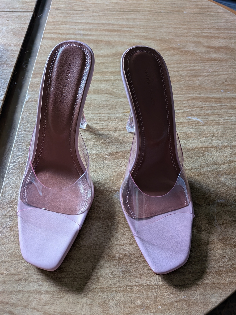 Amina Muaddi Pink Lupita Glass Clear Mule Sandal Size 38 | New Without Box